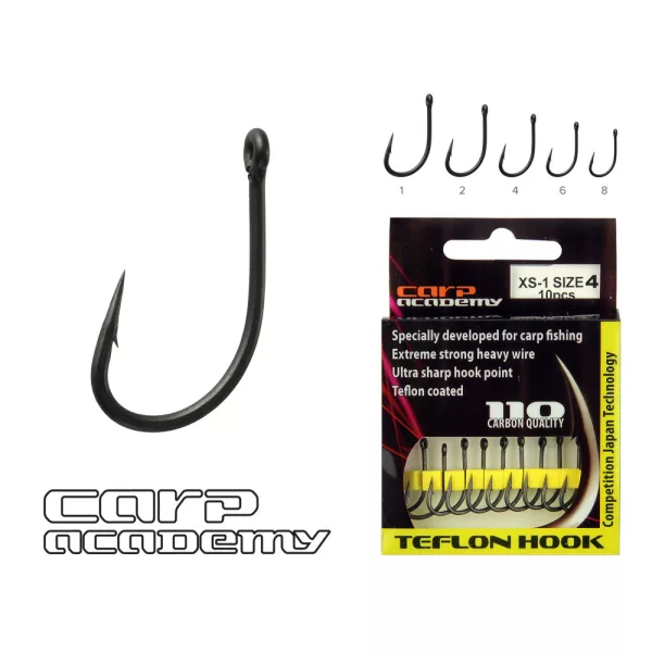 Carp Academy Teflon Hook XS-1 Negru 2 10buc/pachet Cu ochet Cu barbă Cârlig de boilies
