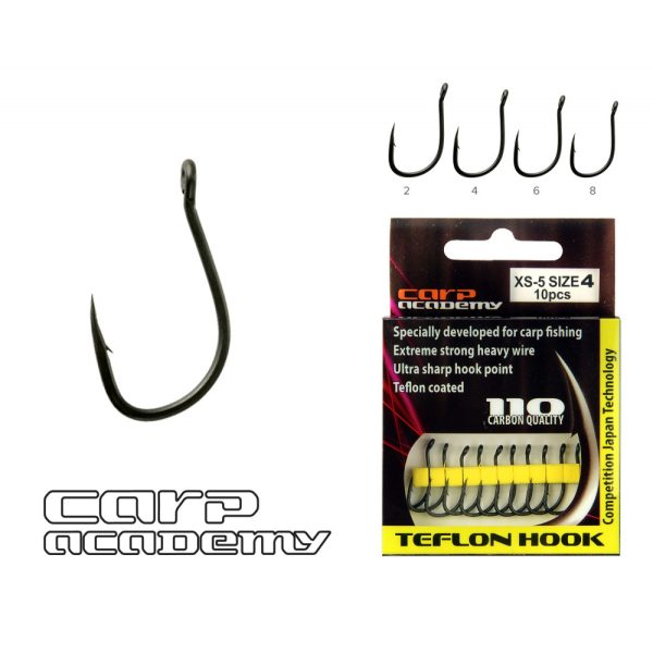 Carp Academy Teflon Hook XS-5 Negru 4 10buc/pachet Cu ochet Cu barbă Cârlig de boilies