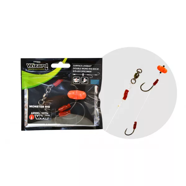 Wizard Monster Surface Livebait Double Mono Rig 6/0+8/0 Specimen 80cm Forfac monofil cu cârlig dublu