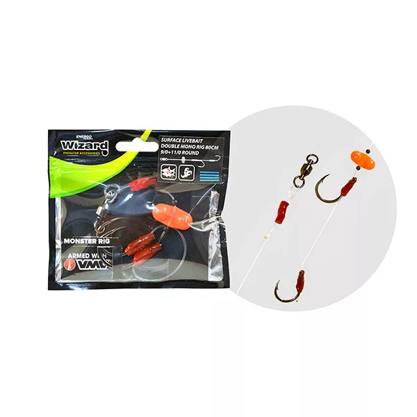 Wizard Monster Surface Livebait Double Mono Rig 7/0+9/0 Round 80cm Forfac monofil cu cârlig dublu