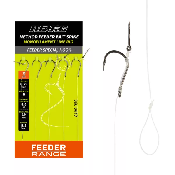 Nevis Feeder Monofil 6 Füles, Szakállas Előkötött Horog Csalitüskével 5db