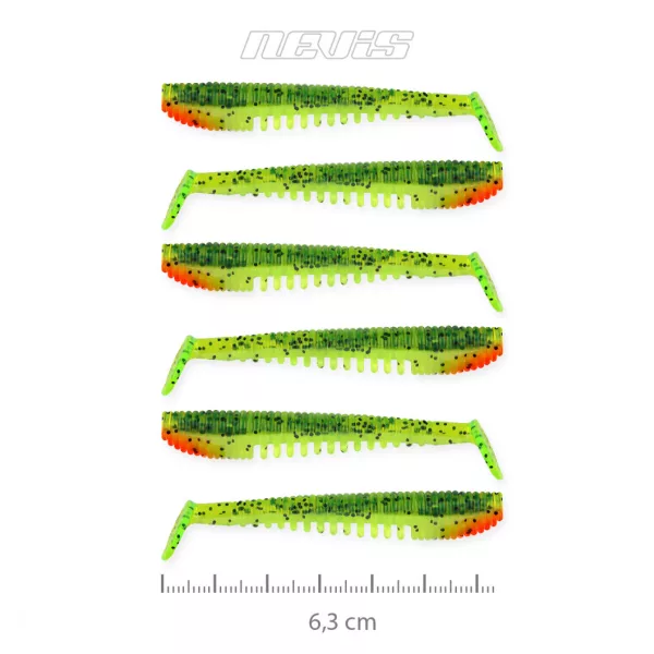 Nevis Impulse Shad 6,3cm 1,77gr 6buc/pachet Verde-Portocaliu Sclipici Nălucă de plastic