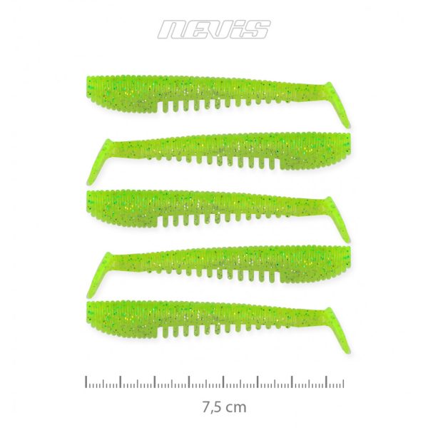 Nevis Impulse Shad 7,5cm 3,05gr 5buc/pachet Verde Fluo Sclipici X2 Nălucă de plastic