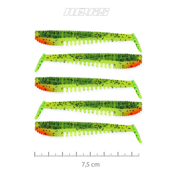 Nevis Impulse Shad 7,5cm 3,05gr 5buc/pachet Verde-Portocaliu Sclipici Nălucă de plastic