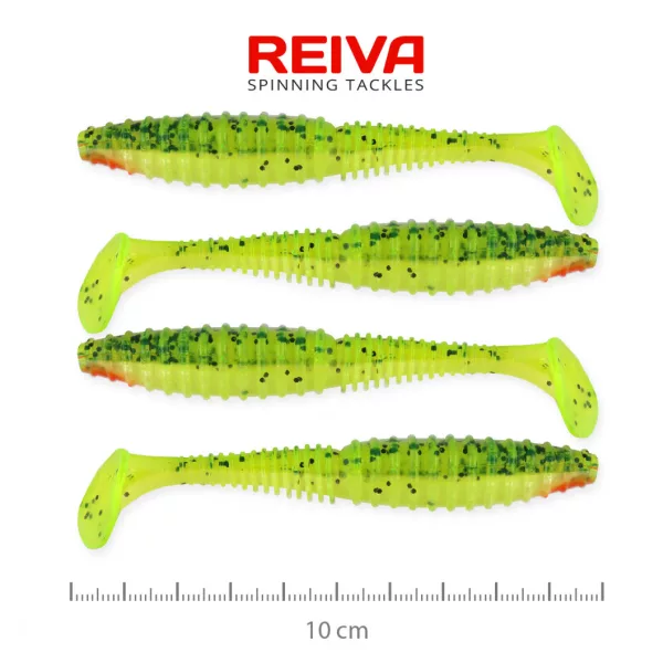 Reiva Zander Power Shad 10cm 7,05gr 4 buc/set (Verde-Portocaliu Sclipici) Naluci din plastic