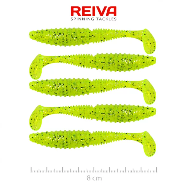 Reiva Zander Power Shad 8cm 3,18gr 5buc/pachet (Flitter Verde Fluo II.) Nălucă de plastic