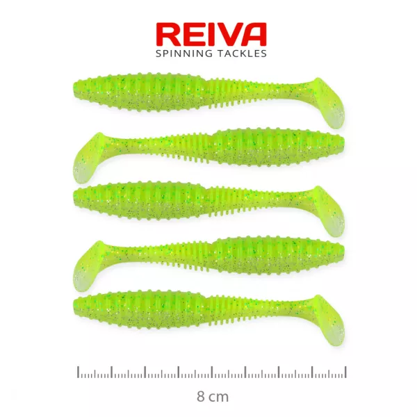 Reiva Zander Power Shad 8cm 3,18gr 5buc/pachet (Flitter Verde Fluo I.) Nălucă de plastic