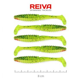   Reiva Zander Power Shad 8cm 3,18gr 5buc/pachet (Flitter Verde-Portocaliu) Nălucă de plastic