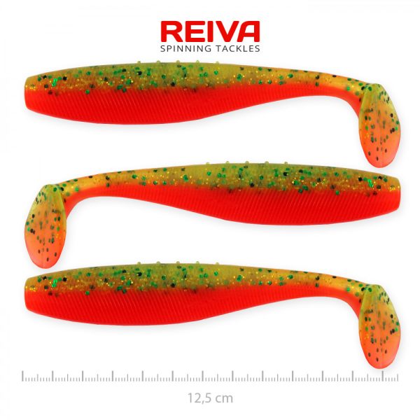 Reiva Flat Minnow shad 12,5cm 3buc/pachet (Verde-Portocaliu cu sclipici) Nalucă de plastic