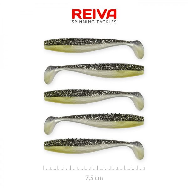 Reiva Flat Minnow shad 7,5cm 5buc/pachet (Negru-Argintiu cu sclipici) Nalucă de plastic