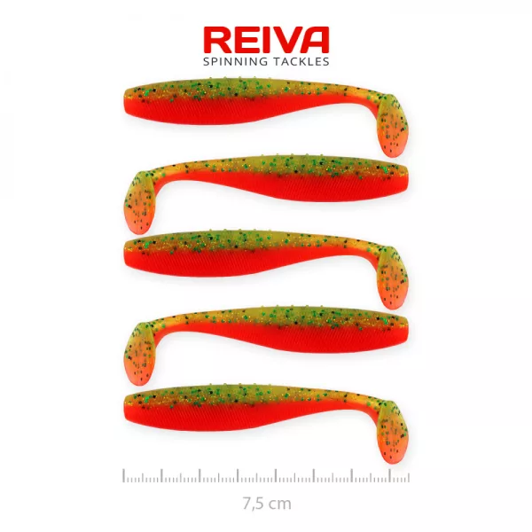Reiva Flat Minnow shad 7,5cm 5buc/pachet (Verde-Portocaliu cu sclipici) Nalucă de plastic