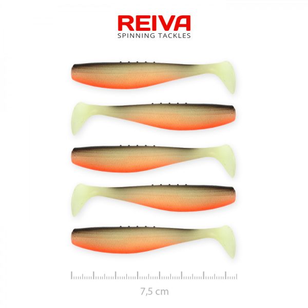 Reiva Flat Minnow shad 7,5cm 5buc/pachet (Negru-Alb-Portocaliu) Nalucă de plastic