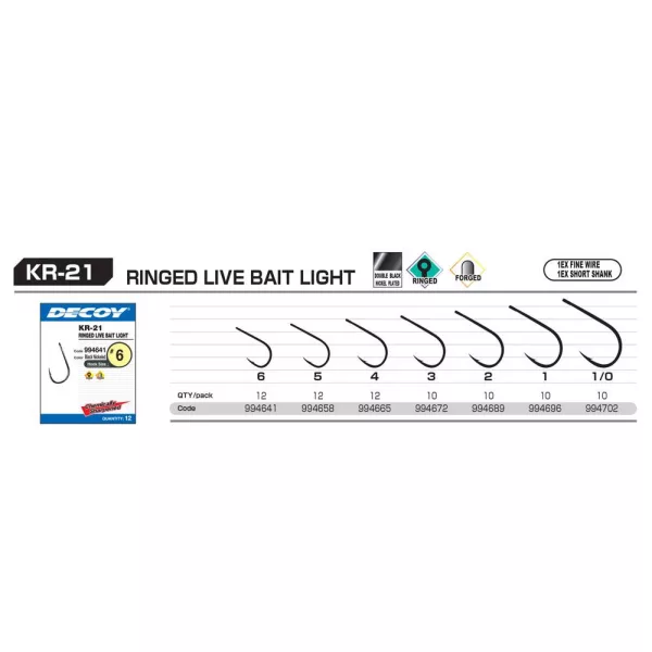 Decoy KR-21 Round Live Bait Light 6 Füles Szakállas Egyágú Ragadozóhalas Horog 12db