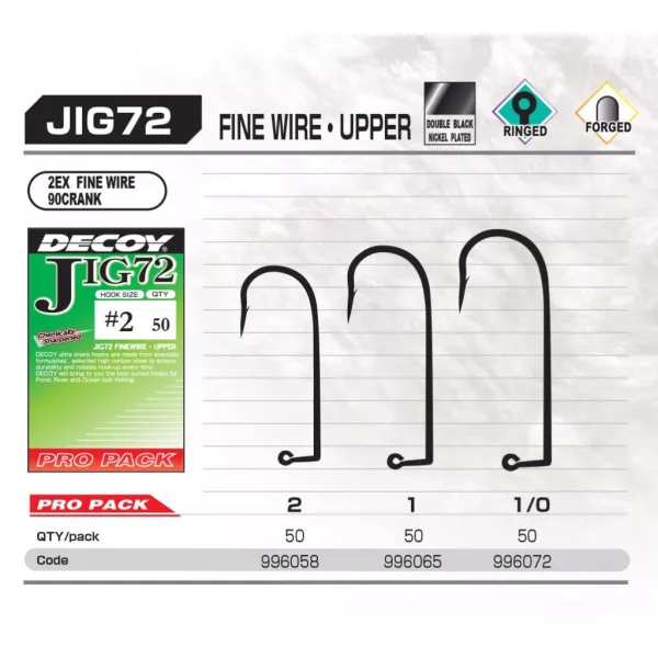 Decoy Pro Pack Jig72 Upper Fine Wire #1/0 Füles Szakállas Egyágú Jig Horog 50db