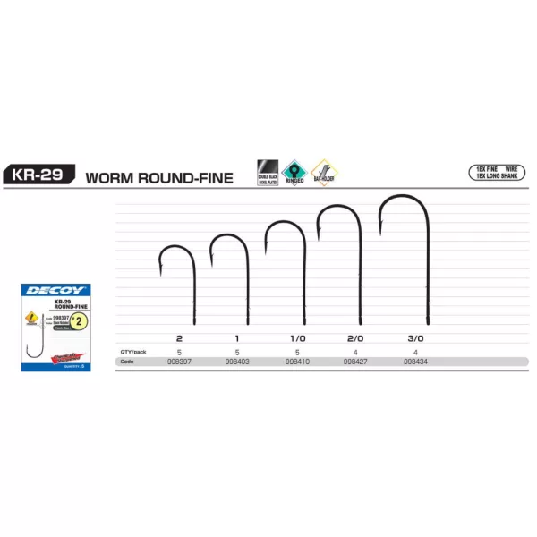 Decoy Worm KR-29 Round Fine 2 Füles Szakállas Egyágú Ragadozóhalas Horog 5db