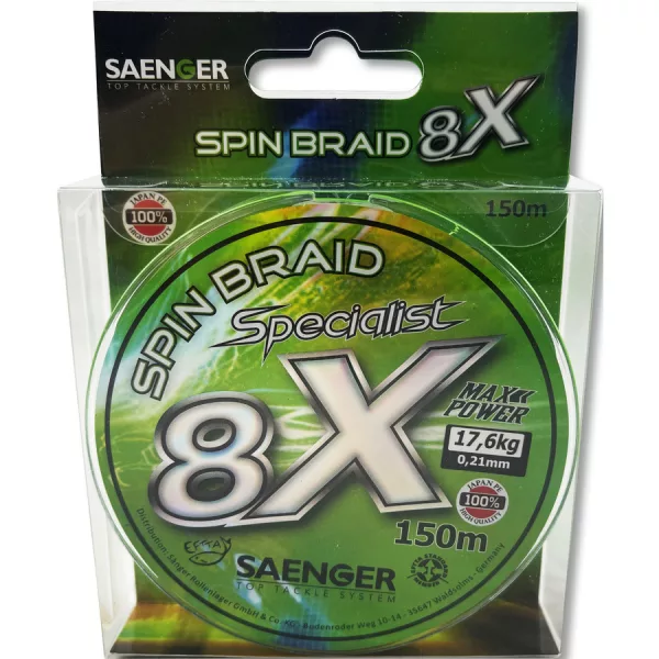 Saenger 8X Specialist Spin Braid Zöld 0,16mm 150m Fonott Főzsinór