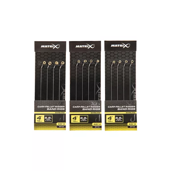 Matrix X6 Carp Pellet Rigger Band Rigs 16 10cm Füles, Szakáll Nélküli Monofil Előkötött Horog Csaligyűrűvel 8db