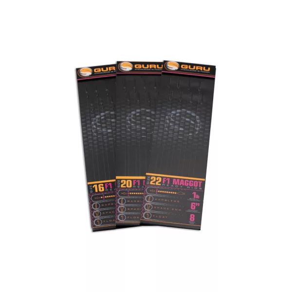 Guru F1 Maggot Hook Rig 18 Cârlig monofilament pre-legat cu ochi, fără barbă 8 buc