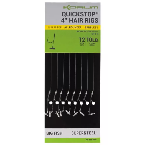 Korum Big Fish Hair Rigs W/Quickstops 10cm Size 8 Cârlig Monofil Gata Legat, Fără Barbetă, Cu Ochi