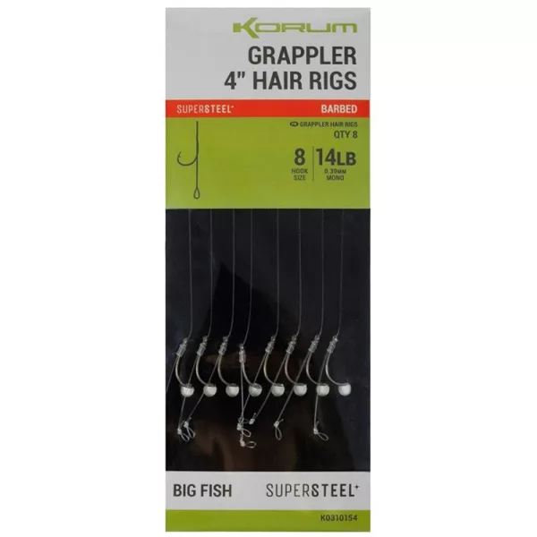 Korum Grappler Hair Rigs 10cm 8 Cârlige Monofil Pre-legate cu Barbă și Ochi