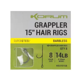   Korum Grappler Hair Rigs 38cm 8 Cârlig Monofil Fără Barbetă Cu Ochi Pre-legat