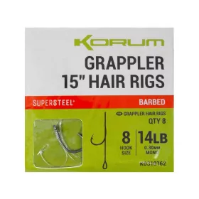   Korum Grappler Hair Rigs 38cm 8 Cârlig Monofil Cu Barbetă Cu Ochi Pre-legat
