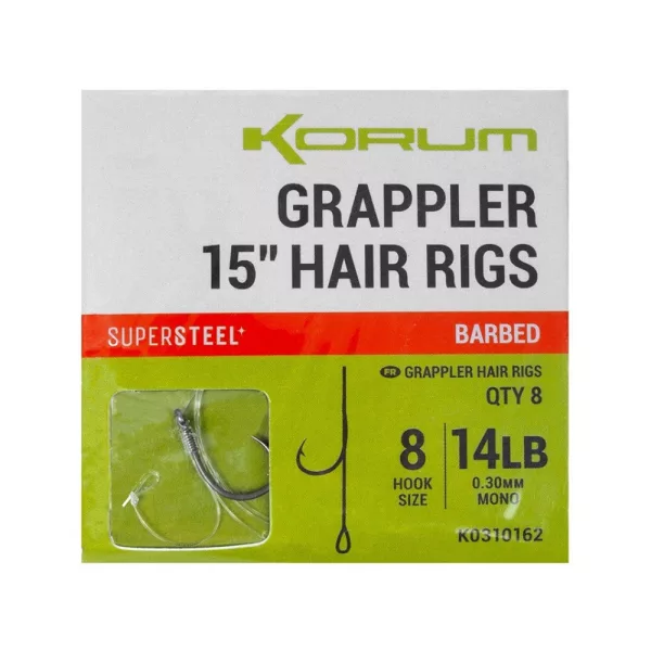 Korum Grappler Hair Rigs 38cm 8 Cârlig Monofil Cu Barbetă Cu Ochi Pre-legat
