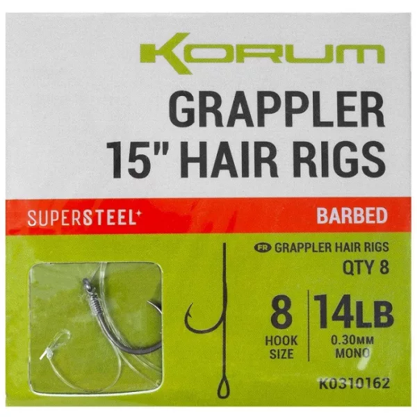 Korum Grappler Hair Rigs 38cm 12 Cârlig monofil pre-legat cu barbă și ochet