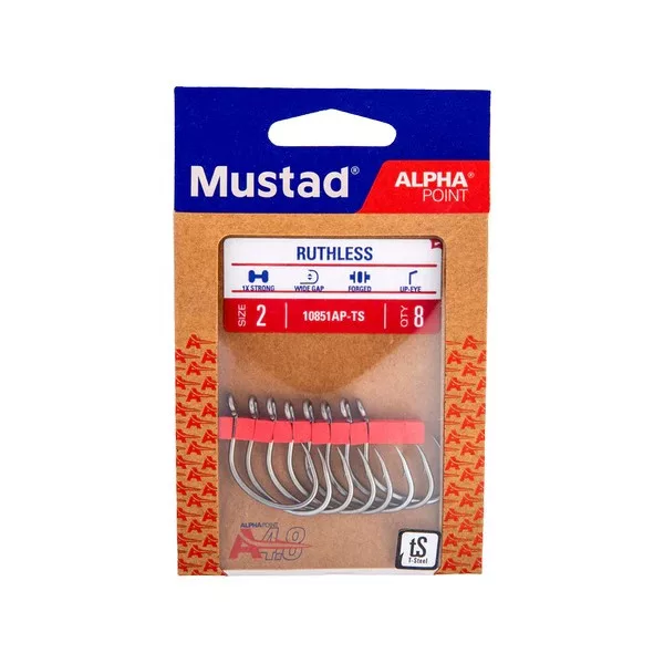Mustad Ruthless Eyed 2/0 Cârlig cu ochi, cu barbă 6buc