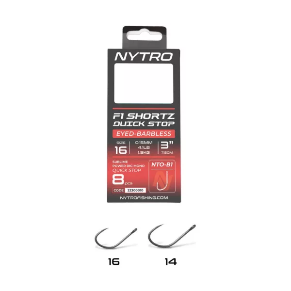 Nytro NTO-B1 16 0,13mm 7,5cm Előkötött Füles, Szakáll Nélküli Quick-Stop Horog 8db