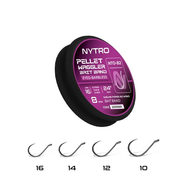 Nytro NTO-B2 Pellet Waggler 10 0,23mm 61cm Előkötött Füles, Szakáll Nélküli Csaligyűrűs Horog 8db