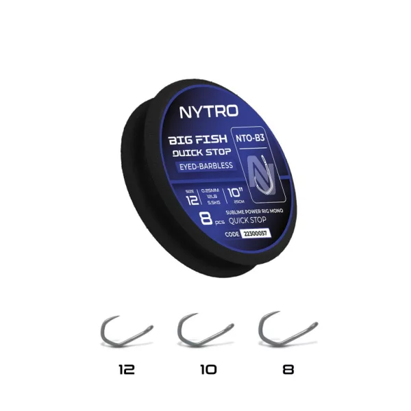 Nytro NTO-B3 Big Fish 8 0,30mm 25cm Előkötött Füles, Szakáll Nélküli Quick-Stop Horog 8db