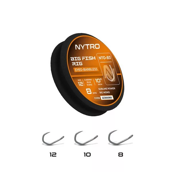 Nytro NTO-B3 Big Fish 10 0,28mm 25cm Előkötött Füles, Szakáll Nélküli Horog 8db